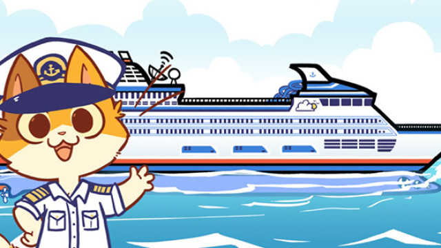 Keekee the cat in front of cruise ship